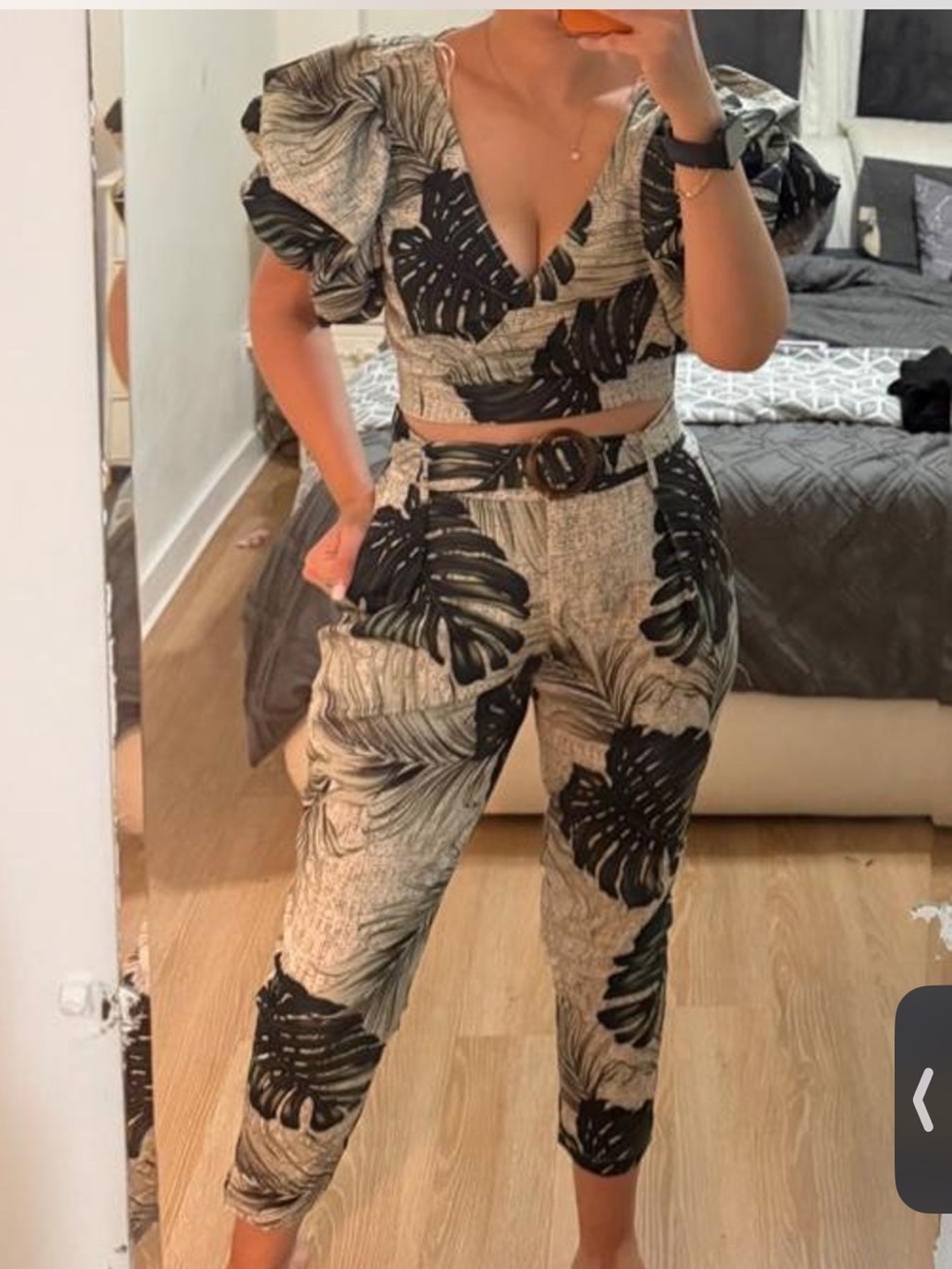 Fashion Nova Black & Beige Tropical Print Crop Top & Cropped Pants Set